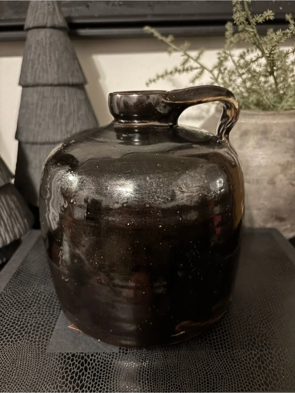 Vintage Dark Brown Glazed Ceramic Jug Vase